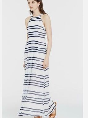 Striped Halter Maxi Dress - White & Navy